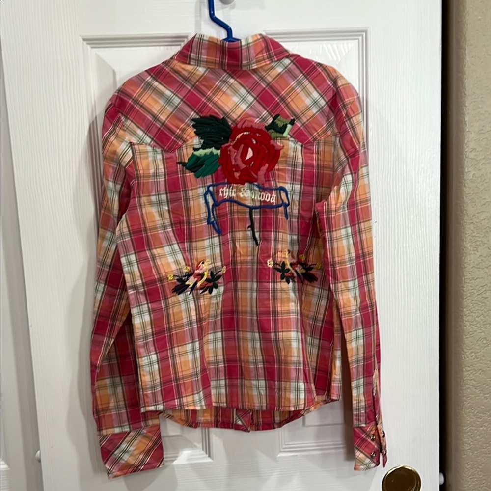 Vigoss Button Down Shirt with Western Flair embroidered flowers size medium - Picture 5 of 8